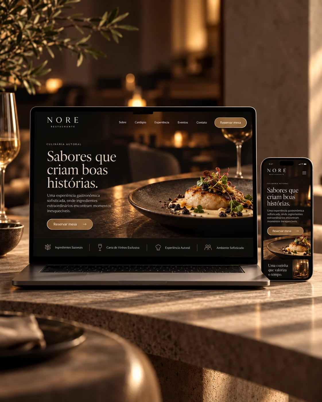 Exemplo de site para restaurante exibido em computador e celular